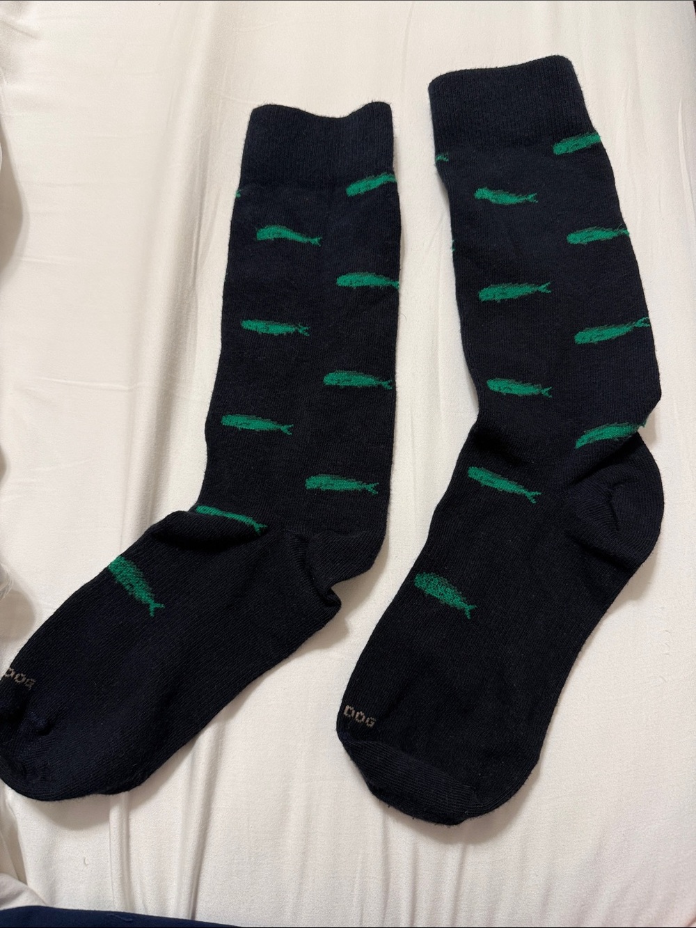 Men's Navy Dress Socks with Green Fish Motif